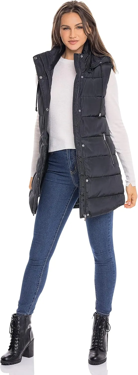 Sebby S.E.B Women's Long Puffer Vest, Quilted Faux Down Filled Hooded Vest for Fall and Winter