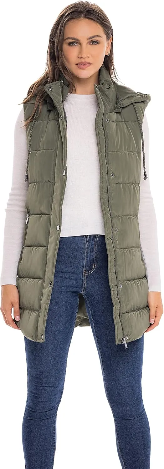 Sebby S.E.B Women's Long Puffer Vest, Quilted Faux Down Filled Hooded Vest for Fall and Winter