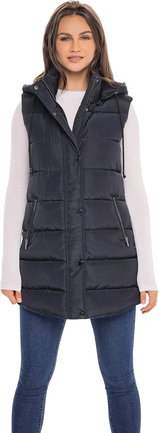 Sebby S.E.B Women's Long Puffer Vest, Quilted Faux Down Filled Hooded Vest for Fall and Winter