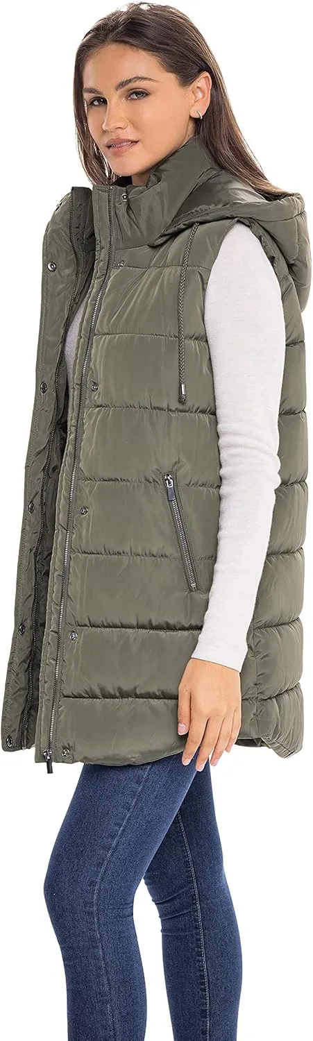Sebby S.E.B Women's Long Puffer Vest, Quilted Faux Down Filled Hooded Vest for Fall and Winter
