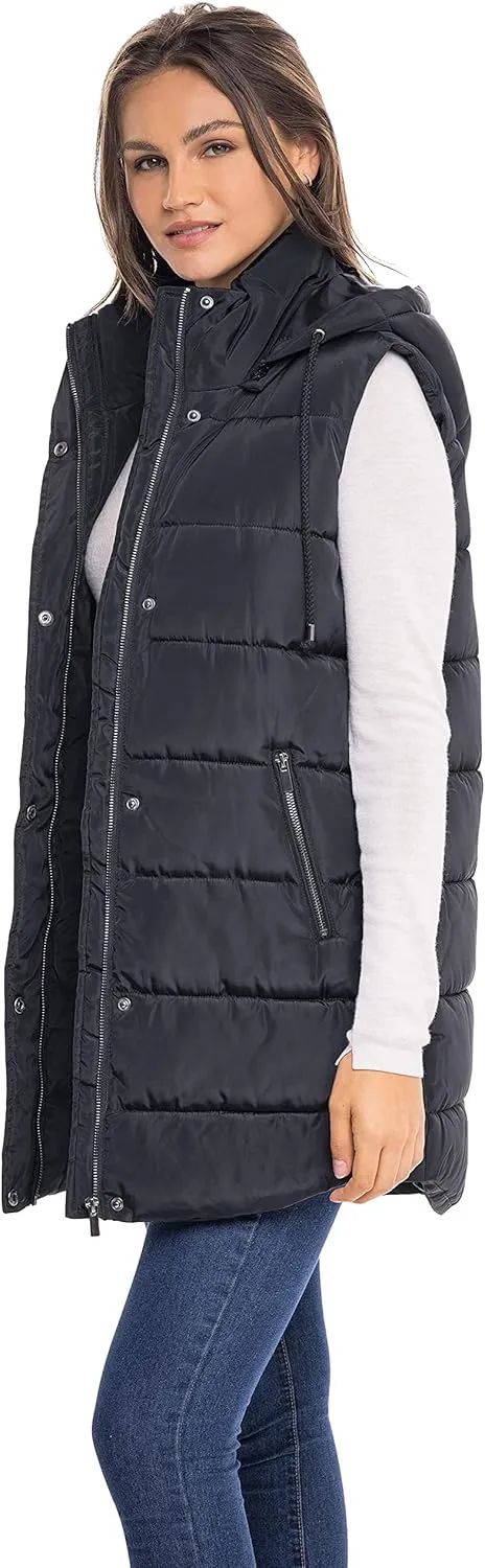 Sebby S.E.B Women's Long Puffer Vest, Quilted Faux Down Filled Hooded Vest for Fall and Winter