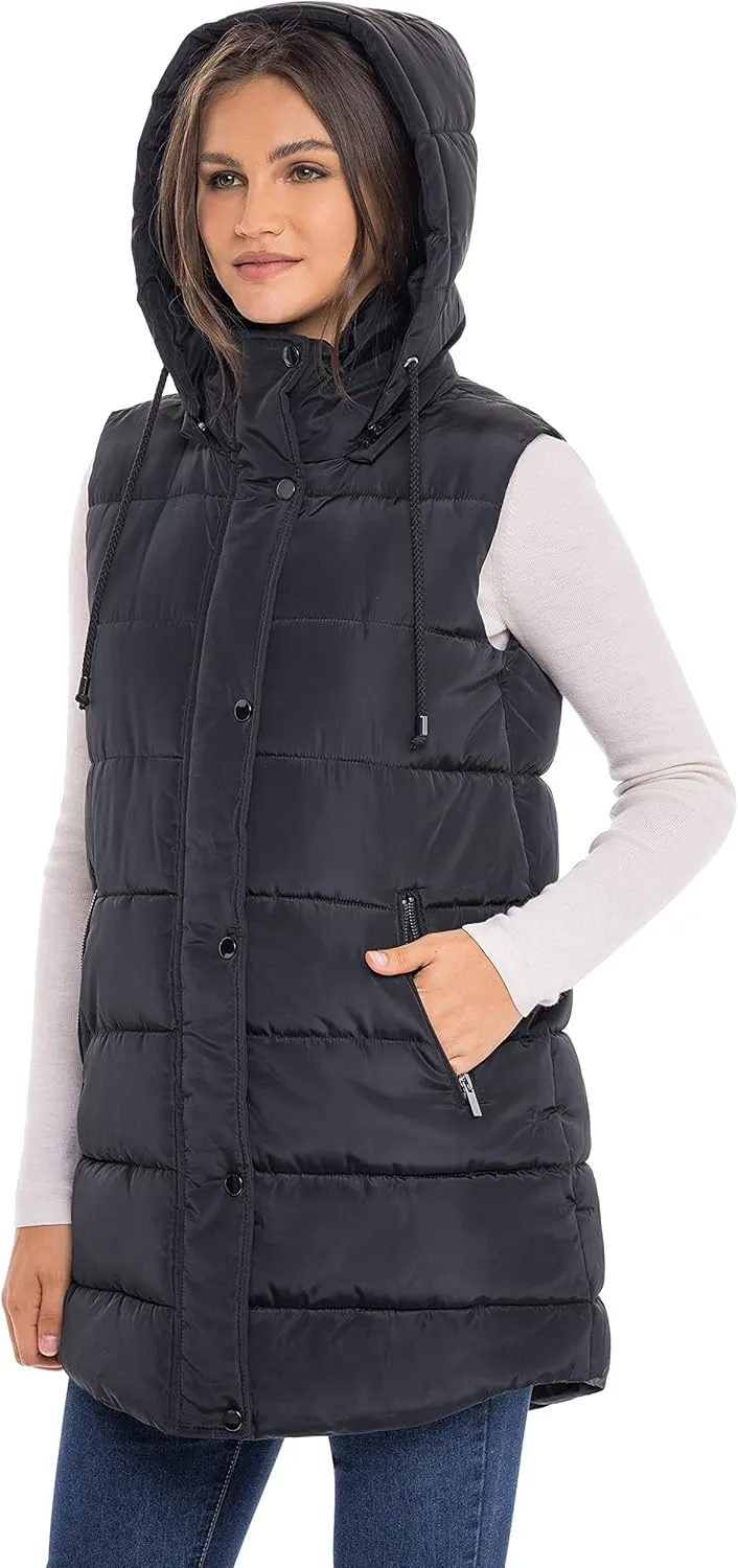 Sebby S.E.B Women's Long Puffer Vest, Quilted Faux Down Filled Hooded Vest for Fall and Winter