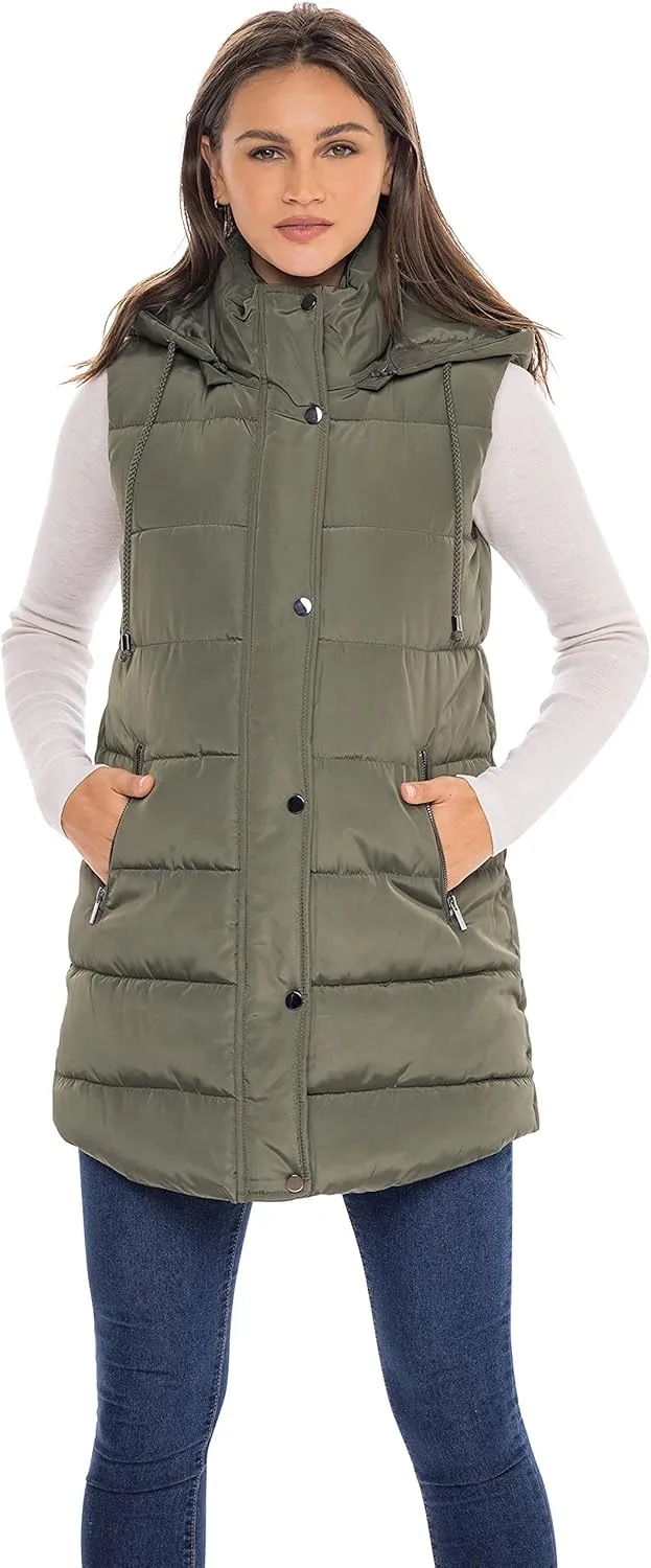 Sebby S.E.B Women's Long Puffer Vest, Quilted Faux Down Filled Hooded Vest for Fall and Winter