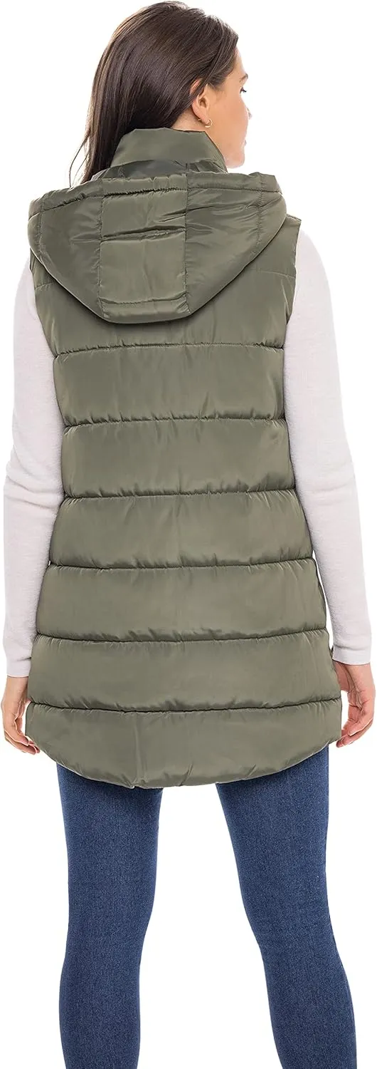 Sebby S.E.B Women's Long Puffer Vest, Quilted Faux Down Filled Hooded Vest for Fall and Winter