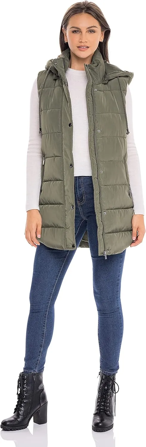 Sebby S.E.B Women's Long Puffer Vest, Quilted Faux Down Filled Hooded Vest for Fall and Winter