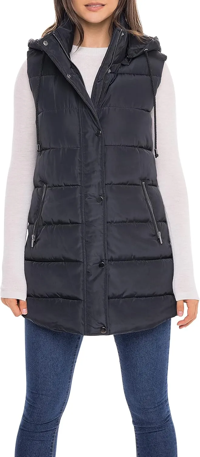 Sebby S.E.B Women's Long Puffer Vest, Quilted Faux Down Filled Hooded Vest for Fall and Winter