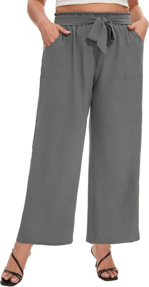 SEKINO Women's Plus Size Wide Leg Pants Loose Casual Flowy Pants Adjustable Knot Belted Lounge Beach Pants with Pockets