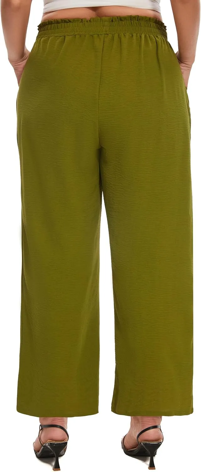 SEKINO Women's Plus Size Wide Leg Pants Loose Casual Flowy Pants Adjustable Knot Belted Lounge Beach Pants with Pockets