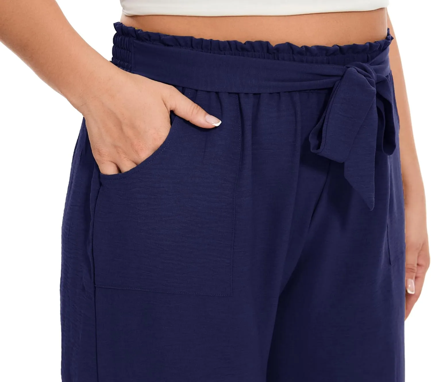 SEKINO Women's Plus Size Wide Leg Pants Loose Casual Flowy Pants Adjustable Knot Belted Lounge Beach Pants with Pockets