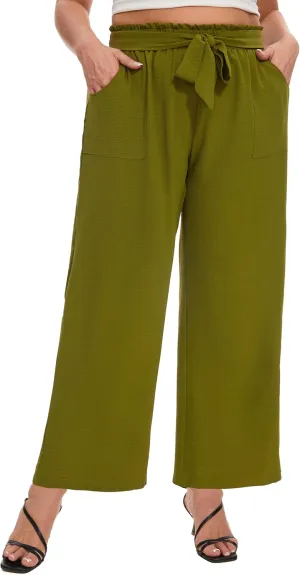 SEKINO Women's Plus Size Wide Leg Pants Loose Casual Flowy Pants Adjustable Knot Belted Lounge Beach Pants with Pockets