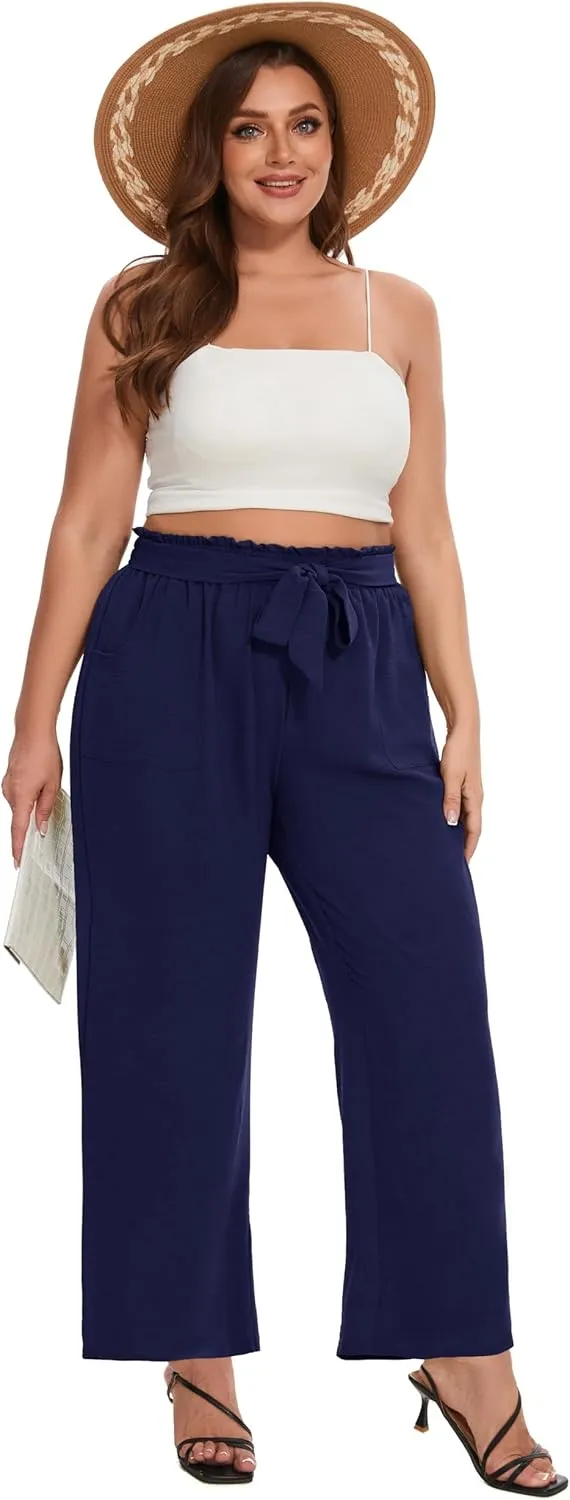 SEKINO Women's Plus Size Wide Leg Pants Loose Casual Flowy Pants Adjustable Knot Belted Lounge Beach Pants with Pockets