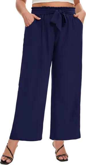 SEKINO Women's Plus Size Wide Leg Pants Loose Casual Flowy Pants Adjustable Knot Belted Lounge Beach Pants with Pockets