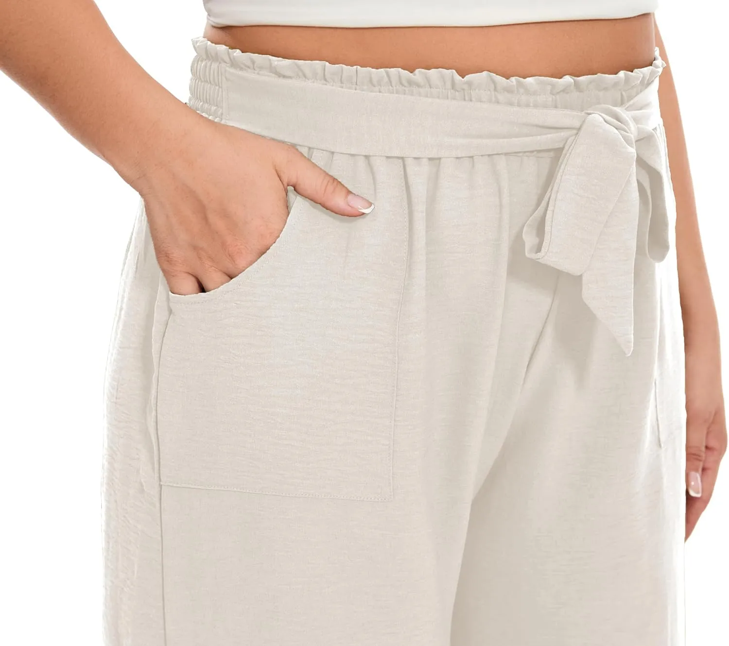 SEKINO Women's Plus Size Wide Leg Pants Loose Casual Flowy Pants Adjustable Knot Belted Lounge Beach Pants with Pockets