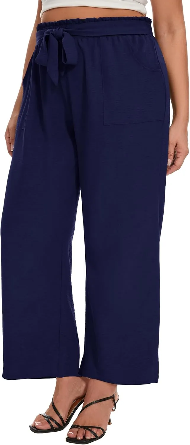 SEKINO Women's Plus Size Wide Leg Pants Loose Casual Flowy Pants Adjustable Knot Belted Lounge Beach Pants with Pockets