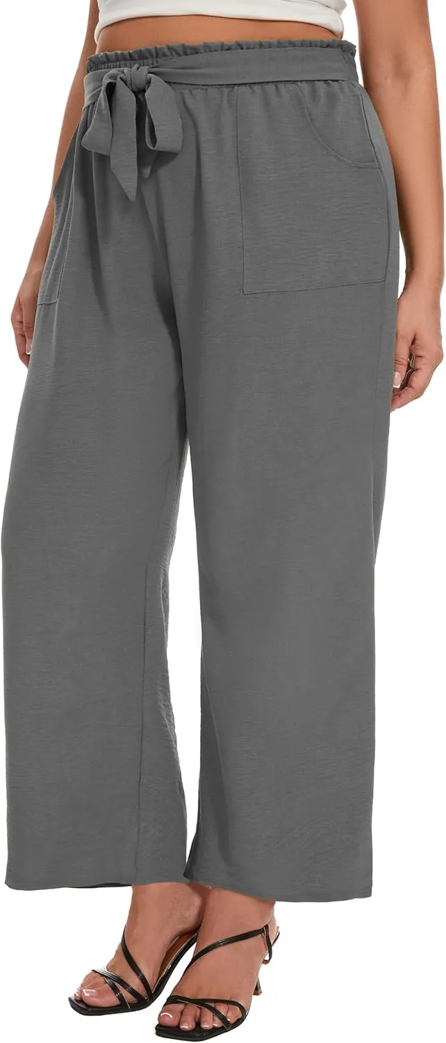 SEKINO Women's Plus Size Wide Leg Pants Loose Casual Flowy Pants Adjustable Knot Belted Lounge Beach Pants with Pockets