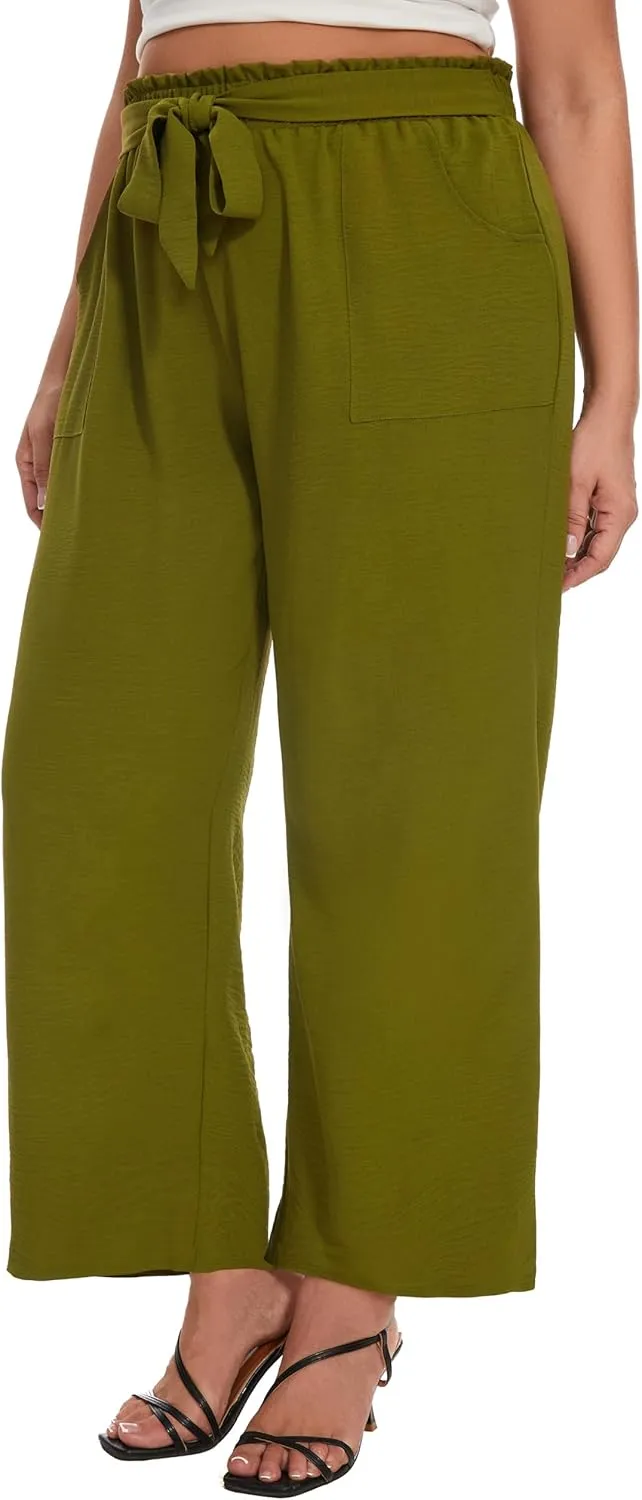 SEKINO Women's Plus Size Wide Leg Pants Loose Casual Flowy Pants Adjustable Knot Belted Lounge Beach Pants with Pockets