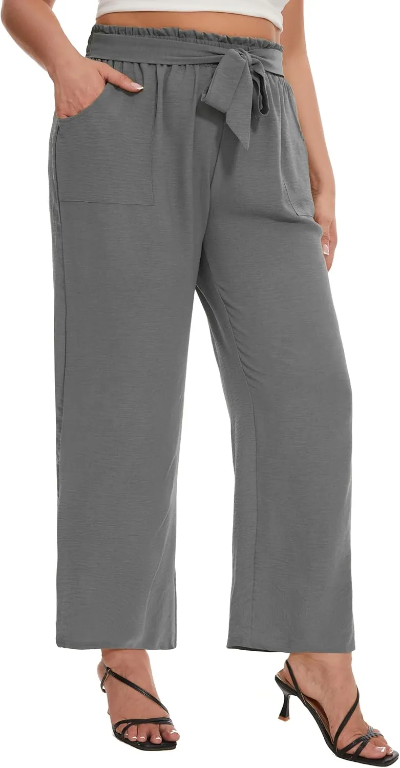 SEKINO Women's Plus Size Wide Leg Pants Loose Casual Flowy Pants Adjustable Knot Belted Lounge Beach Pants with Pockets