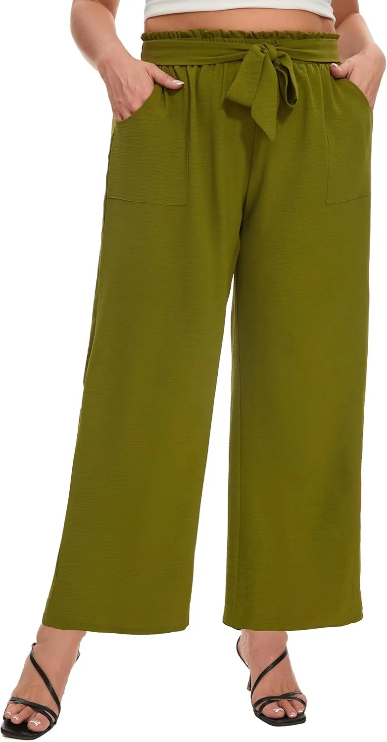SEKINO Women's Plus Size Wide Leg Pants Loose Casual Flowy Pants Adjustable Knot Belted Lounge Beach Pants with Pockets