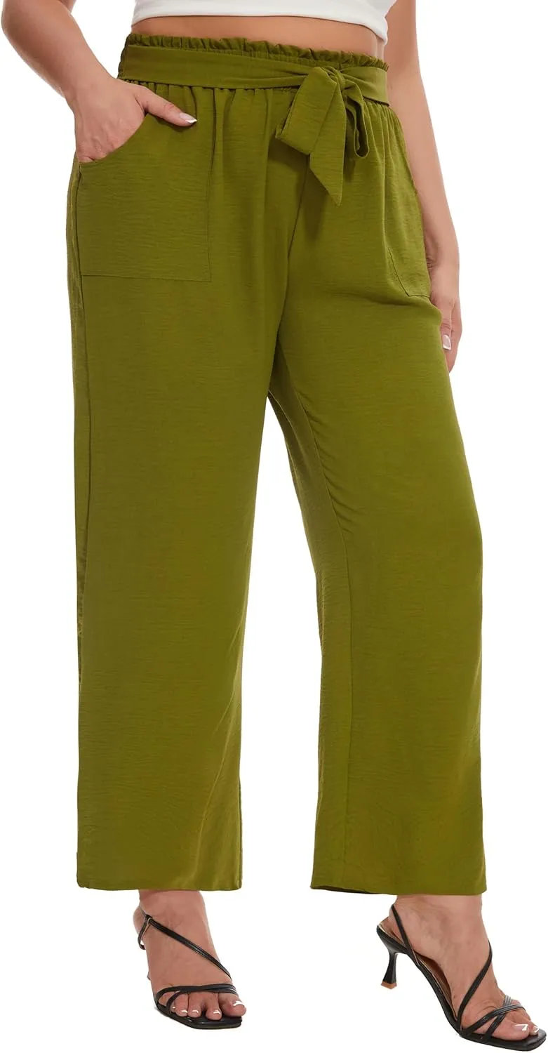 SEKINO Women's Plus Size Wide Leg Pants Loose Casual Flowy Pants Adjustable Knot Belted Lounge Beach Pants with Pockets