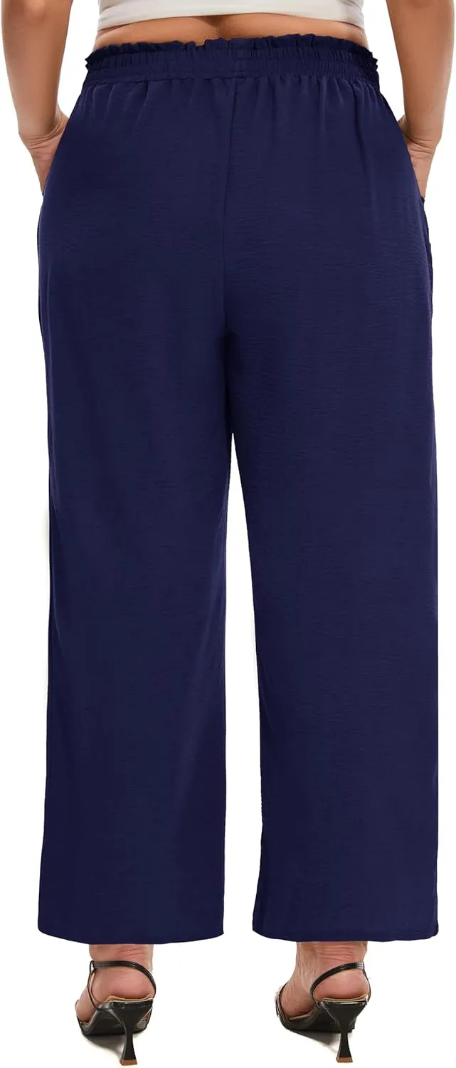 SEKINO Women's Plus Size Wide Leg Pants Loose Casual Flowy Pants Adjustable Knot Belted Lounge Beach Pants with Pockets