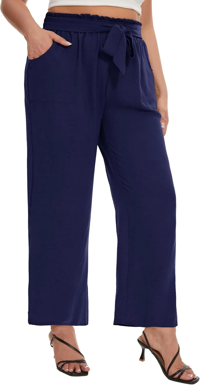 SEKINO Women's Plus Size Wide Leg Pants Loose Casual Flowy Pants Adjustable Knot Belted Lounge Beach Pants with Pockets