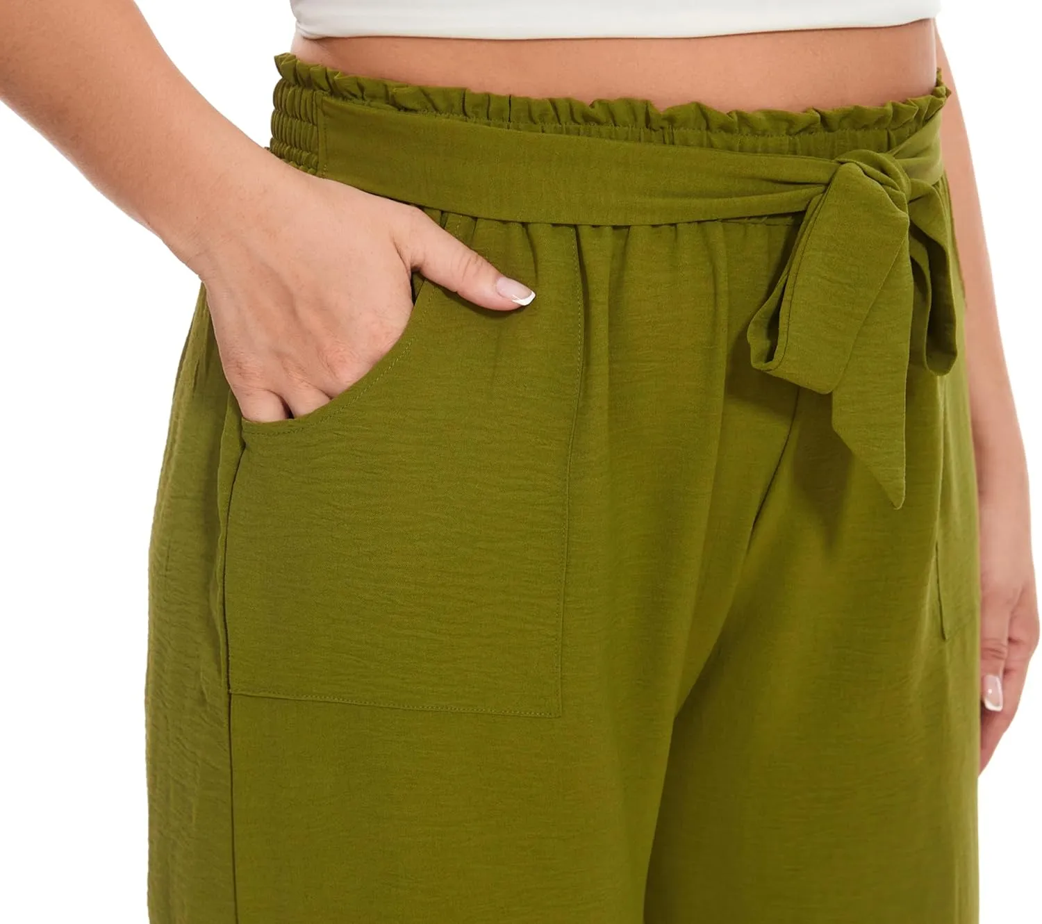 SEKINO Women's Plus Size Wide Leg Pants Loose Casual Flowy Pants Adjustable Knot Belted Lounge Beach Pants with Pockets