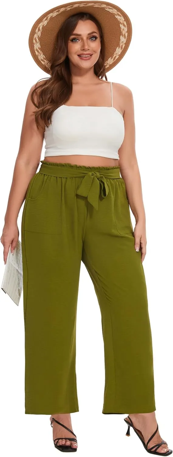 SEKINO Women's Plus Size Wide Leg Pants Loose Casual Flowy Pants Adjustable Knot Belted Lounge Beach Pants with Pockets