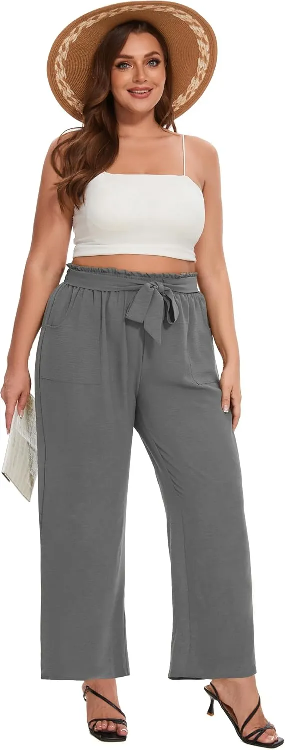 SEKINO Women's Plus Size Wide Leg Pants Loose Casual Flowy Pants Adjustable Knot Belted Lounge Beach Pants with Pockets