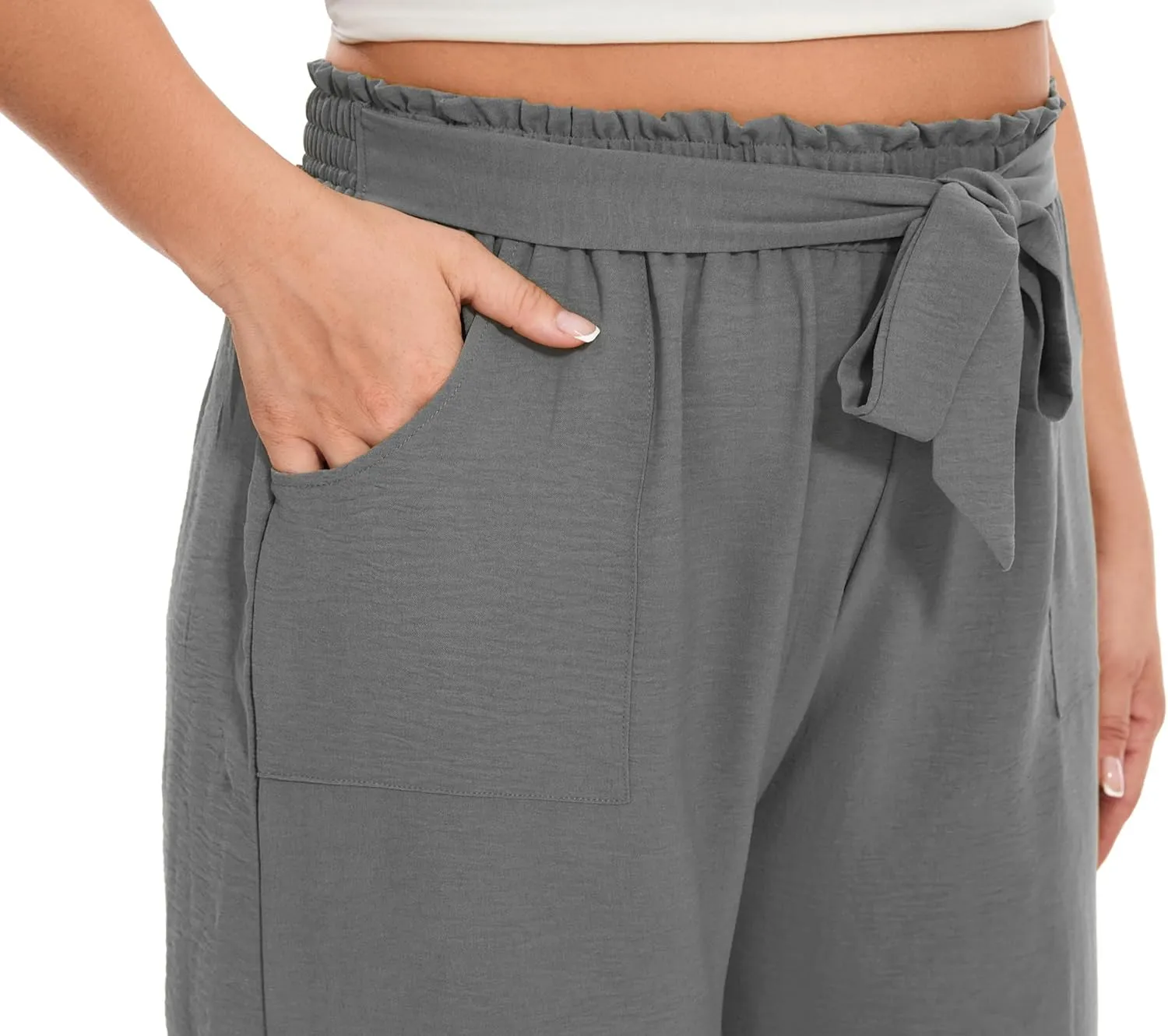 SEKINO Women's Plus Size Wide Leg Pants Loose Casual Flowy Pants Adjustable Knot Belted Lounge Beach Pants with Pockets
