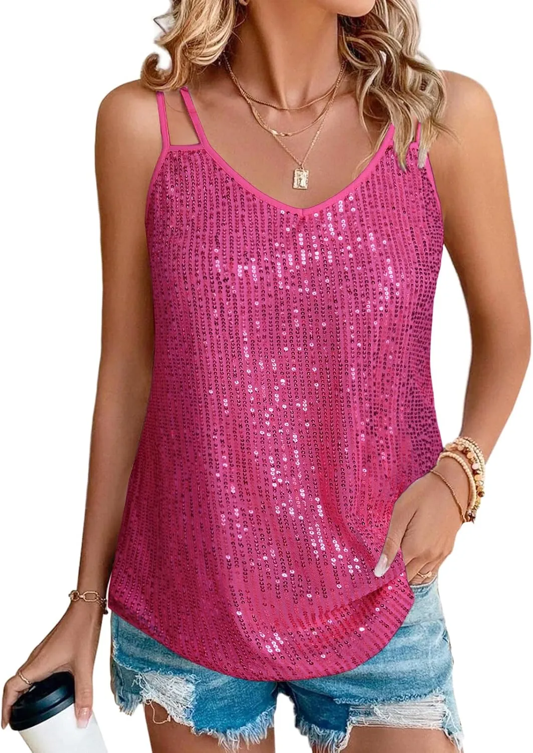 Sequin Tops for Women V Neck Dressy Tank Tops Sparkly Party Club Night Disco Concert Outfits S-XXL