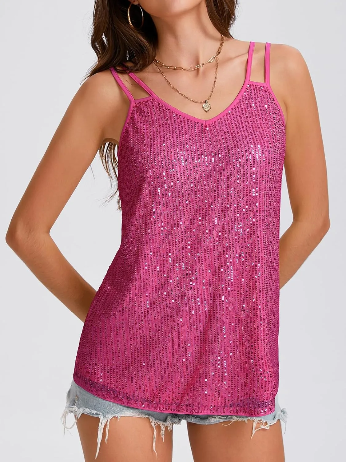 Sequin Tops for Women V Neck Dressy Tank Tops Sparkly Party Club Night Disco Concert Outfits S-XXL