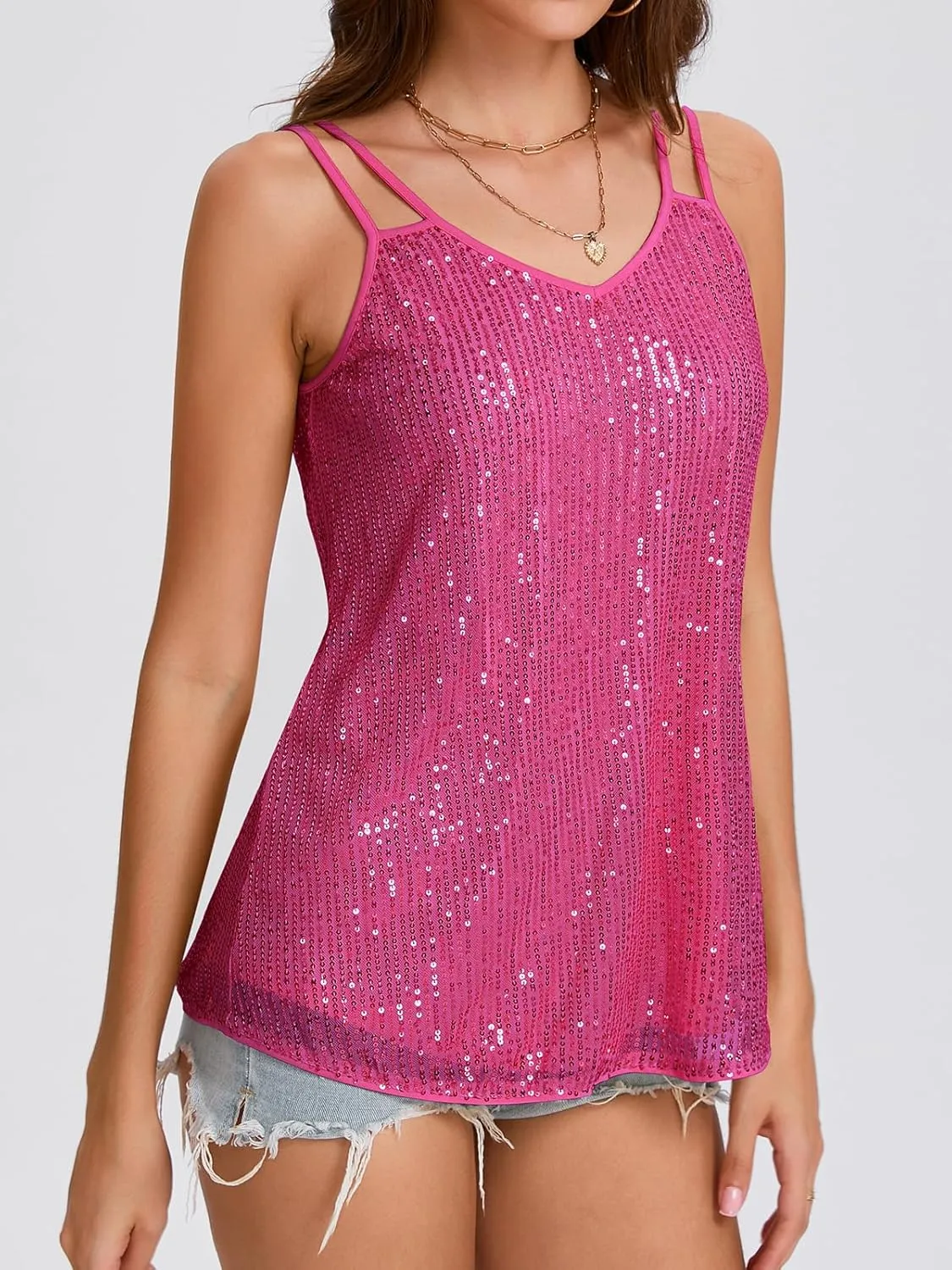 Sequin Tops for Women V Neck Dressy Tank Tops Sparkly Party Club Night Disco Concert Outfits S-XXL