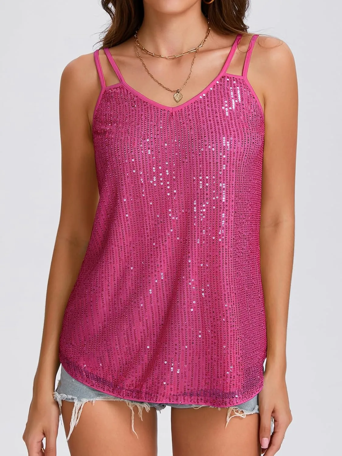 Sequin Tops for Women V Neck Dressy Tank Tops Sparkly Party Club Night Disco Concert Outfits S-XXL