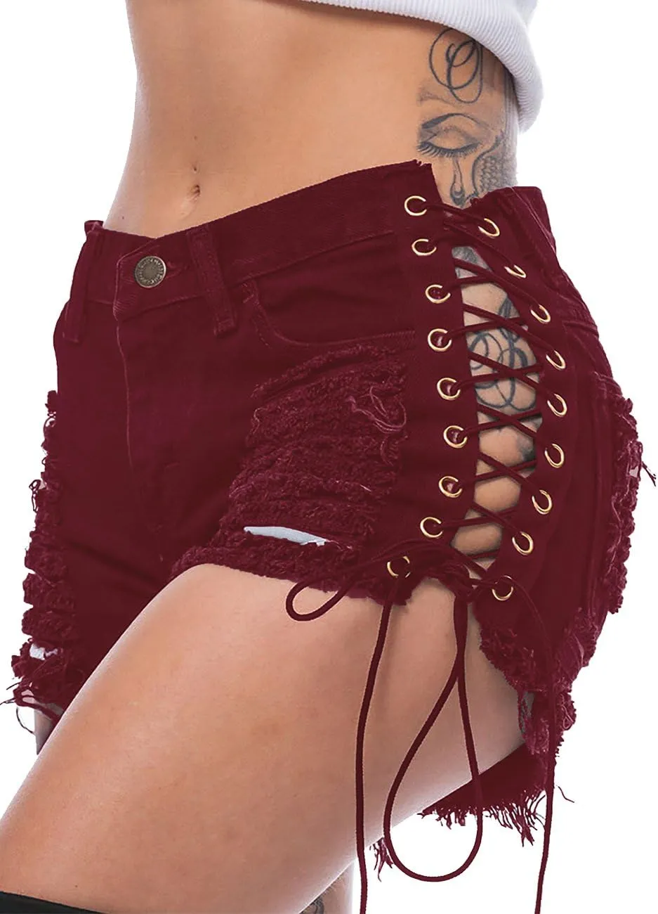 Sexyshine Women's Sexy Casual Hot Pants Cut Off Ripped Hole Lace Up Bandage Jeans Denim Shorts Clubwear