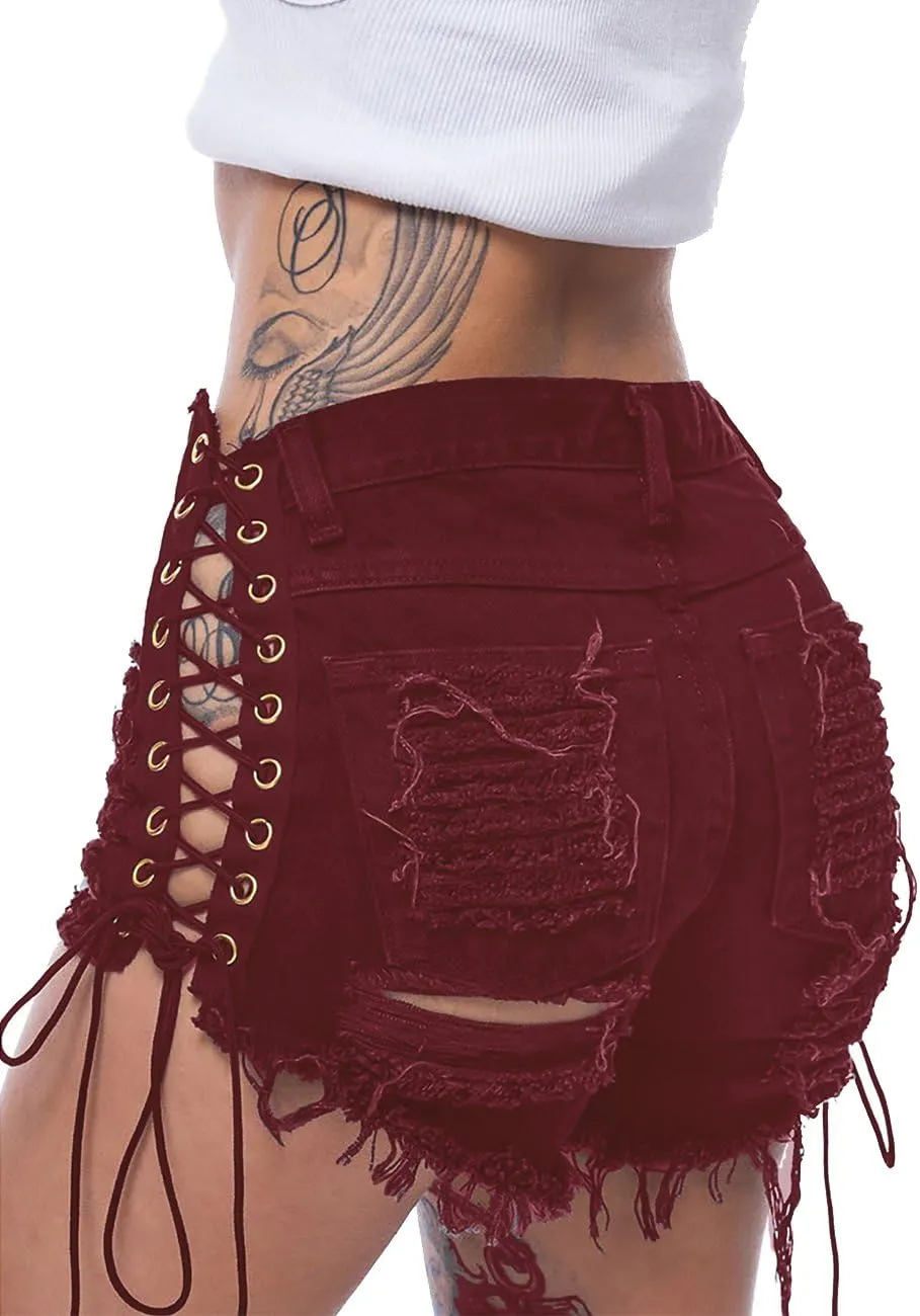 Sexyshine Women's Sexy Casual Hot Pants Cut Off Ripped Hole Lace Up Bandage Jeans Denim Shorts Clubwear