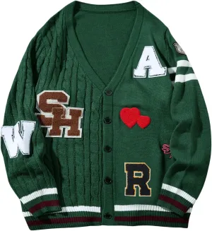 SHENHE Men's Letter Graphic V Neck Button Down Cardigan Vintage Knit Sweater Outerwear