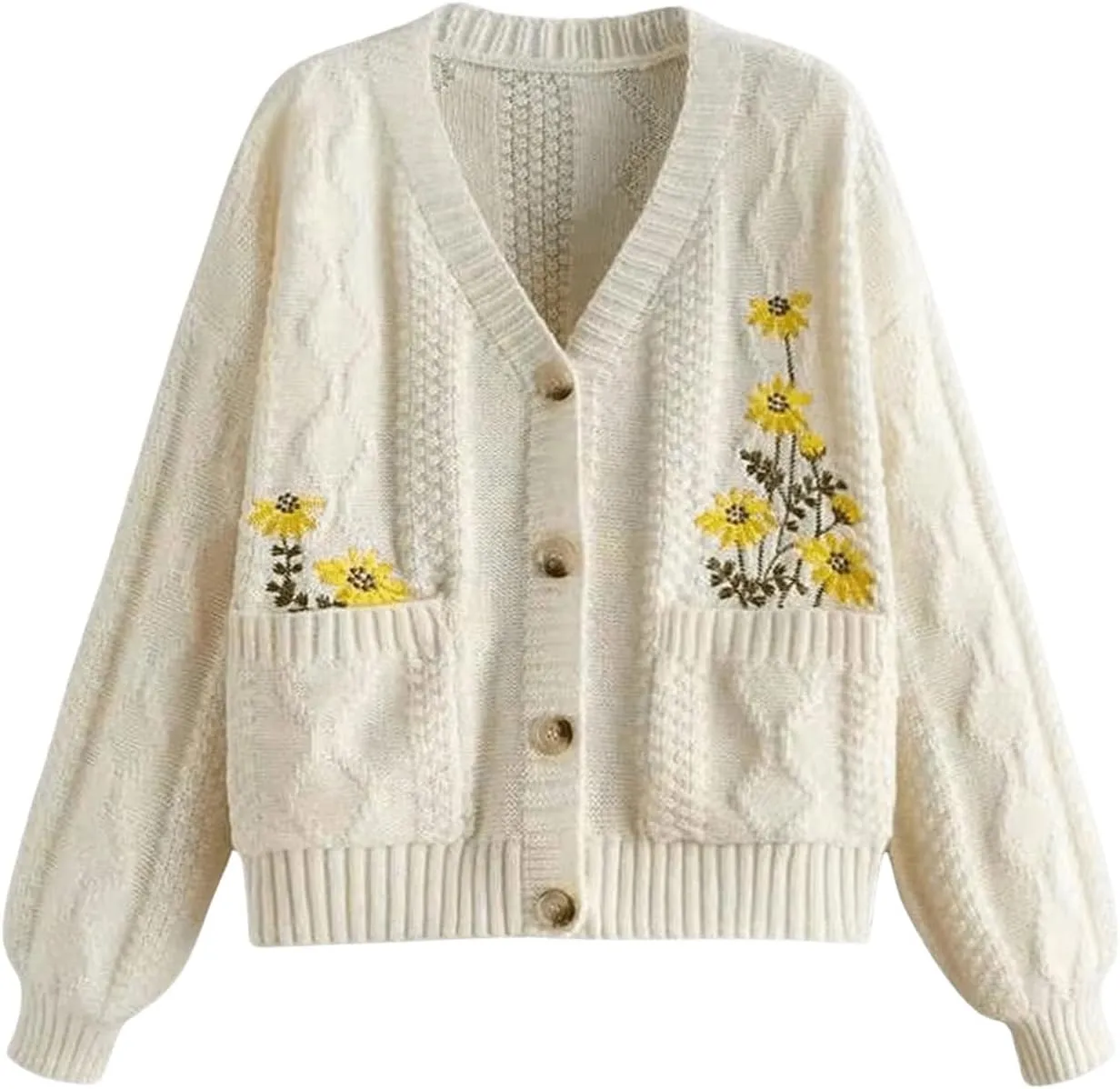 SHENHE Women's Floral Embroidered V Neck Button Down Knit Cardigan Casual Knit Sweater Outerwear