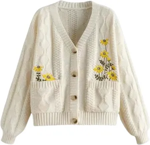 SHENHE Women's Floral Embroidered V Neck Button Down Knit Cardigan Casual Knit Sweater Outerwear