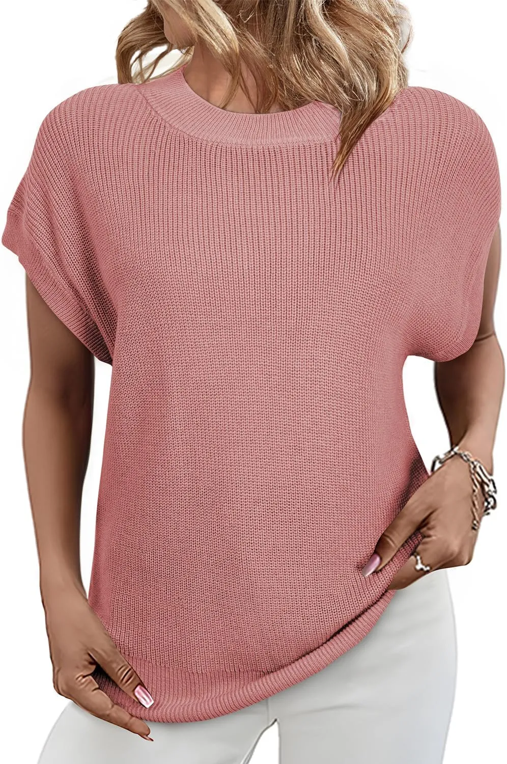 SHEWIN Womens Sweaters Crewneck Short Sleeve Shirts Casual Ribbed Knit Pullover Sweater Loose Tops for Women 2025