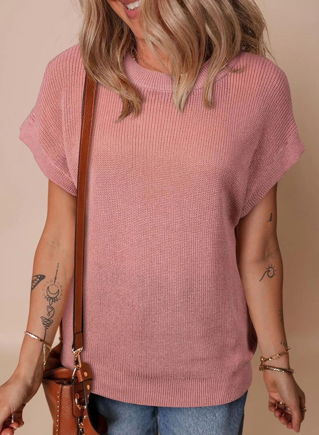 SHEWIN Womens Sweaters Crewneck Short Sleeve Shirts Casual Ribbed Knit Pullover Sweater Loose Tops for Women 2025