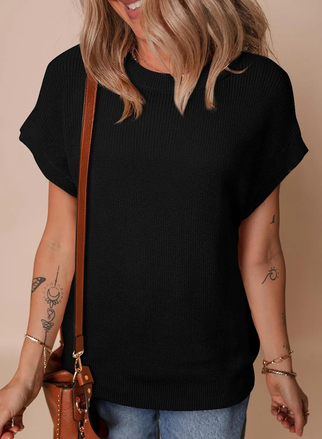 SHEWIN Womens Sweaters Crewneck Short Sleeve Shirts Casual Ribbed Knit Pullover Sweater Loose Tops for Women 2025