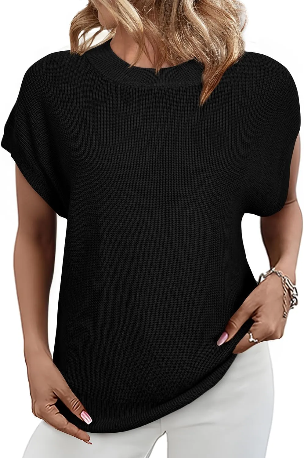 SHEWIN Womens Sweaters Crewneck Short Sleeve Shirts Casual Ribbed Knit Pullover Sweater Loose Tops for Women 2025