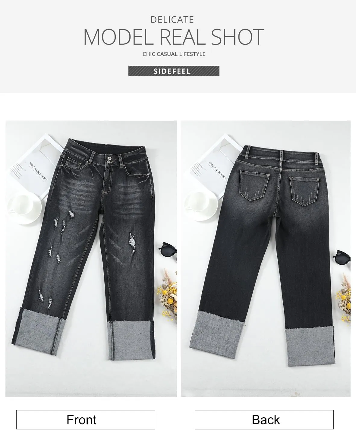 Sidefeel Women's High Waisted Tummy Control Jeans Cuffed Boyfriend Straight Leg Two Buttons Ripped Denim Pants