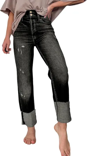 Sidefeel Women's High Waisted Tummy Control Jeans Cuffed Boyfriend Straight Leg Two Buttons Ripped Denim Pants