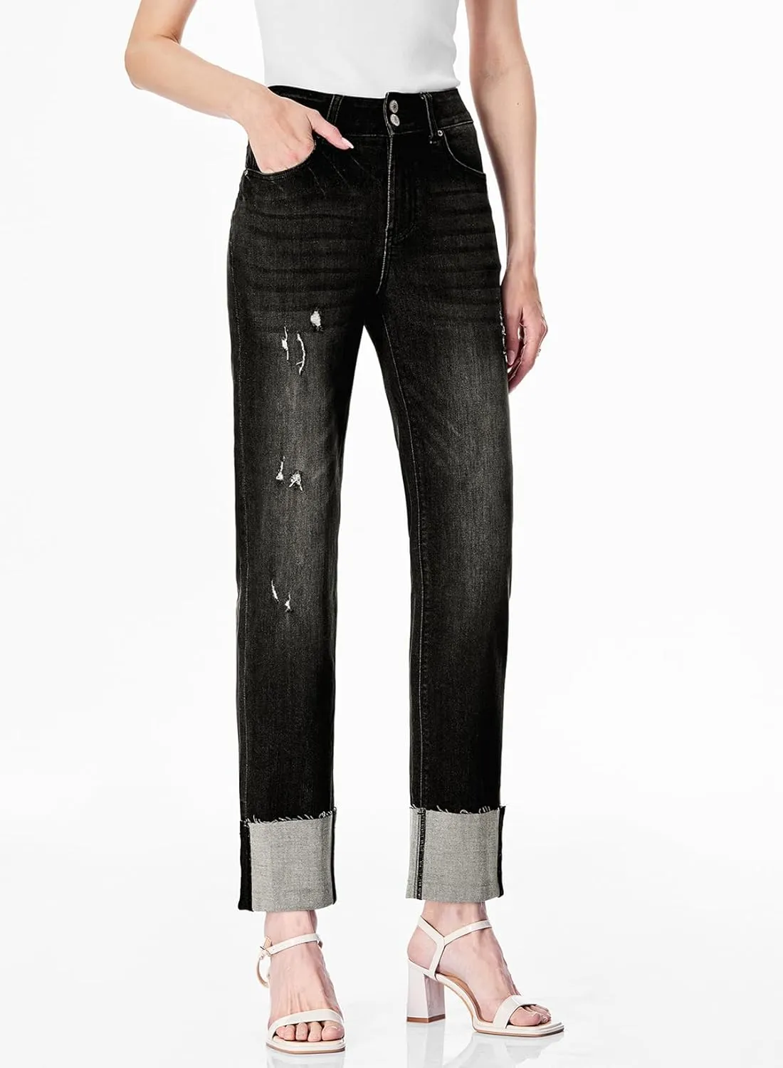 Sidefeel Women's High Waisted Tummy Control Jeans Cuffed Boyfriend Straight Leg Two Buttons Ripped Denim Pants