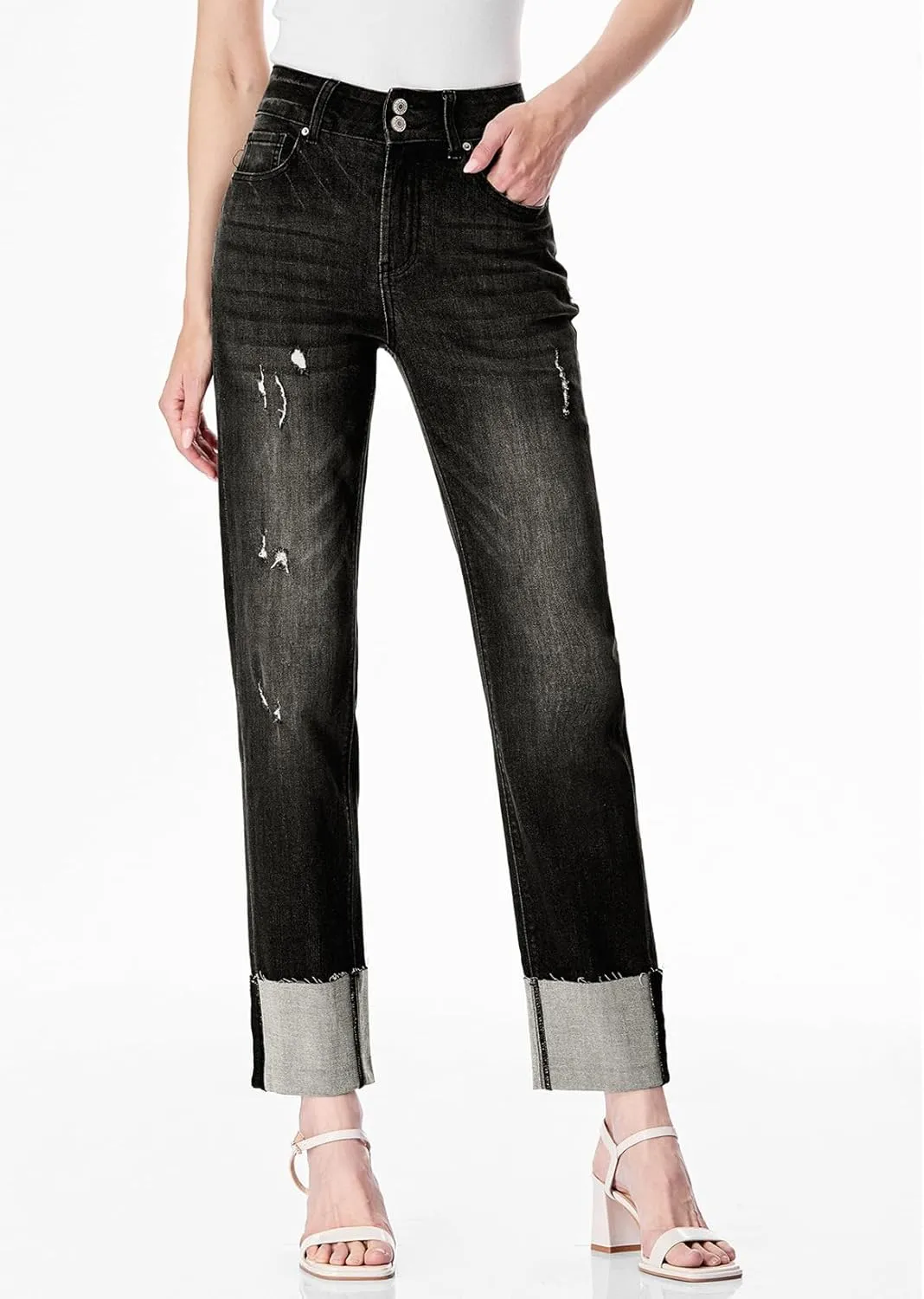 Sidefeel Women's High Waisted Tummy Control Jeans Cuffed Boyfriend Straight Leg Two Buttons Ripped Denim Pants
