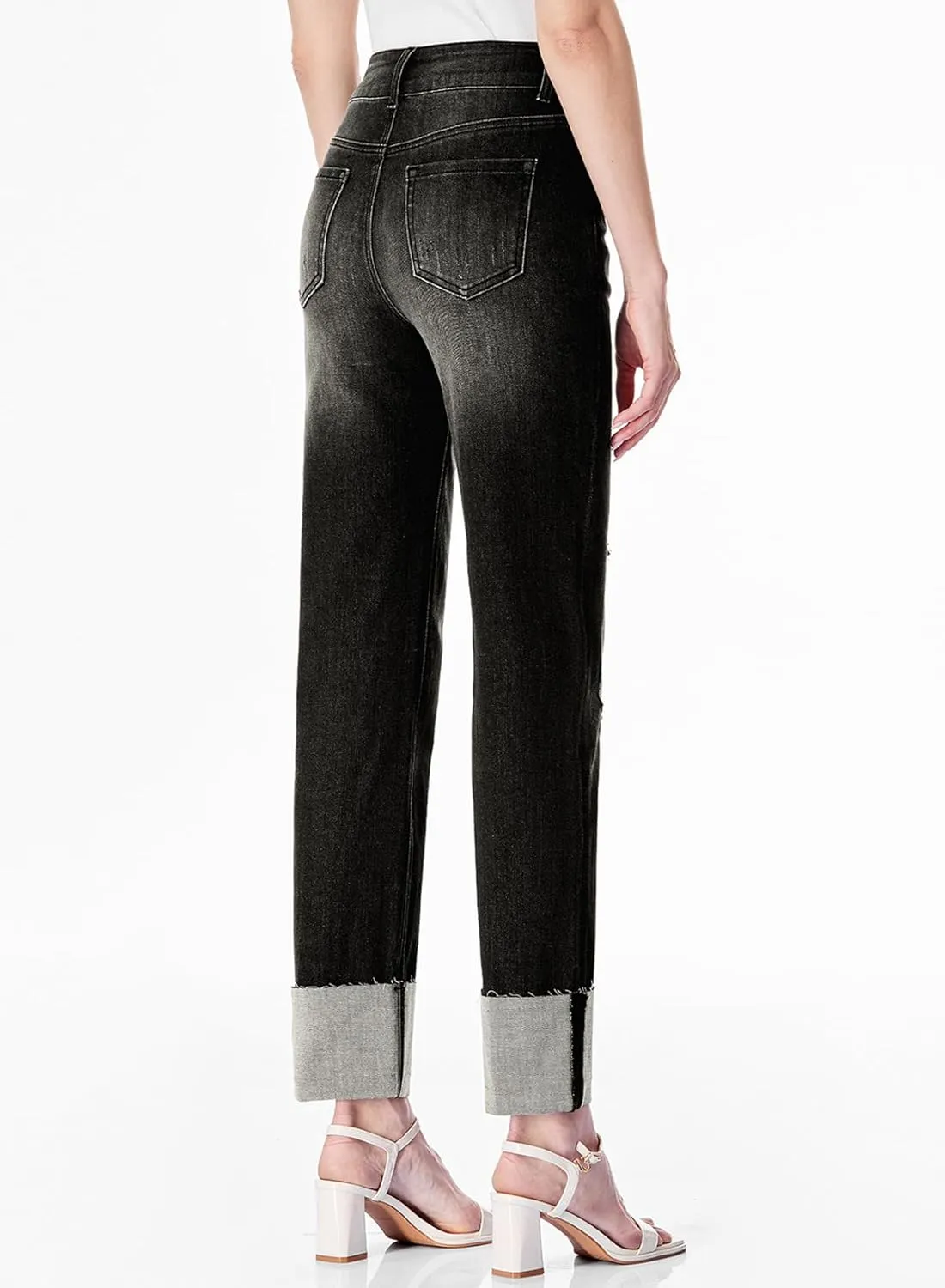 Sidefeel Women's High Waisted Tummy Control Jeans Cuffed Boyfriend Straight Leg Two Buttons Ripped Denim Pants