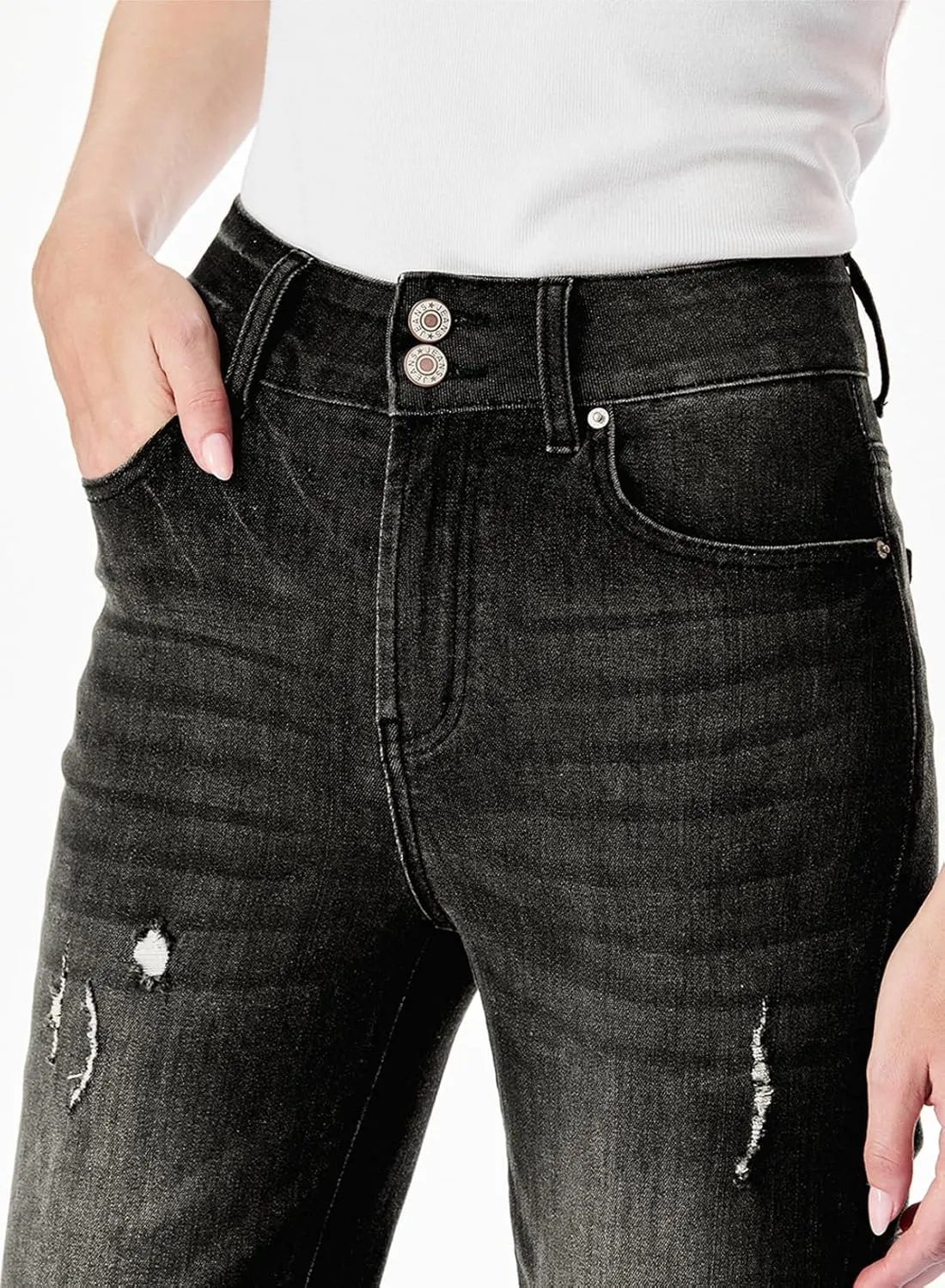 Sidefeel Women's High Waisted Tummy Control Jeans Cuffed Boyfriend Straight Leg Two Buttons Ripped Denim Pants
