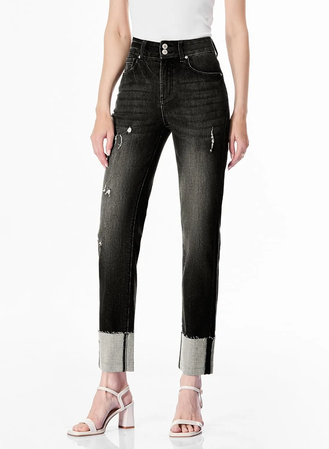 Sidefeel Women's High Waisted Tummy Control Jeans Cuffed Boyfriend Straight Leg Two Buttons Ripped Denim Pants