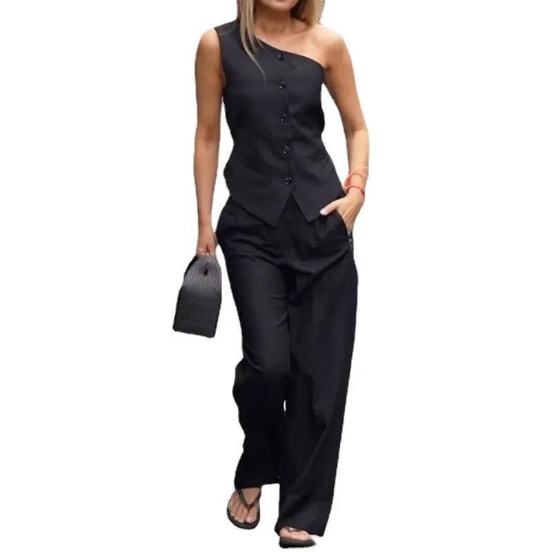 Sleeveless high waist straight casual suit